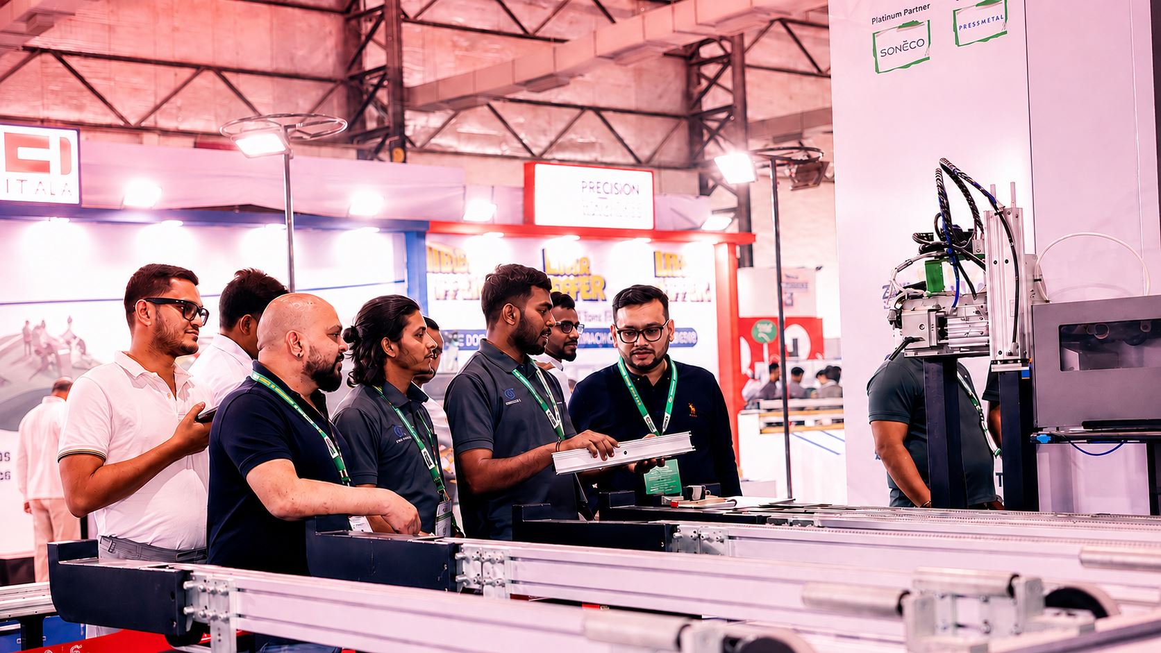 Visitors examining extruded profiles on the show floor